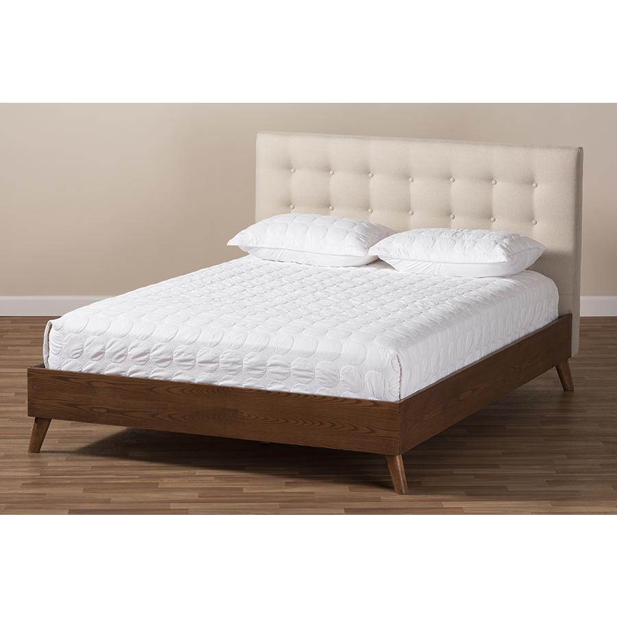 Light Beige Fabric Upholstered Walnut Wood King Size Platform Bed. Picture 7