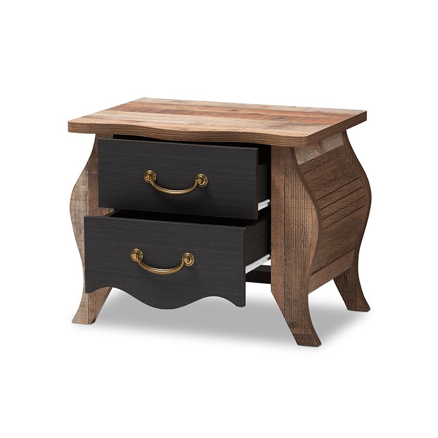 Romilly Country Cottage Farmhouse Black and Oak-Finished Wood 2-Drawer Nightstand. Picture 1