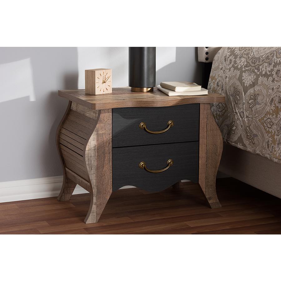 Romilly Country Cottage Farmhouse Black and Oak-Finished Wood 2-Drawer Nightstand. Picture 8