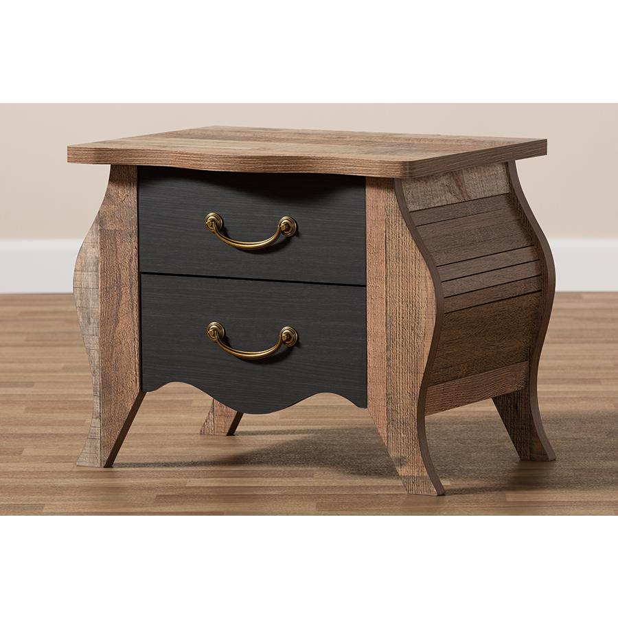 Romilly Country Cottage Farmhouse Black and Oak-Finished Wood 2-Drawer Nightstand. Picture 9