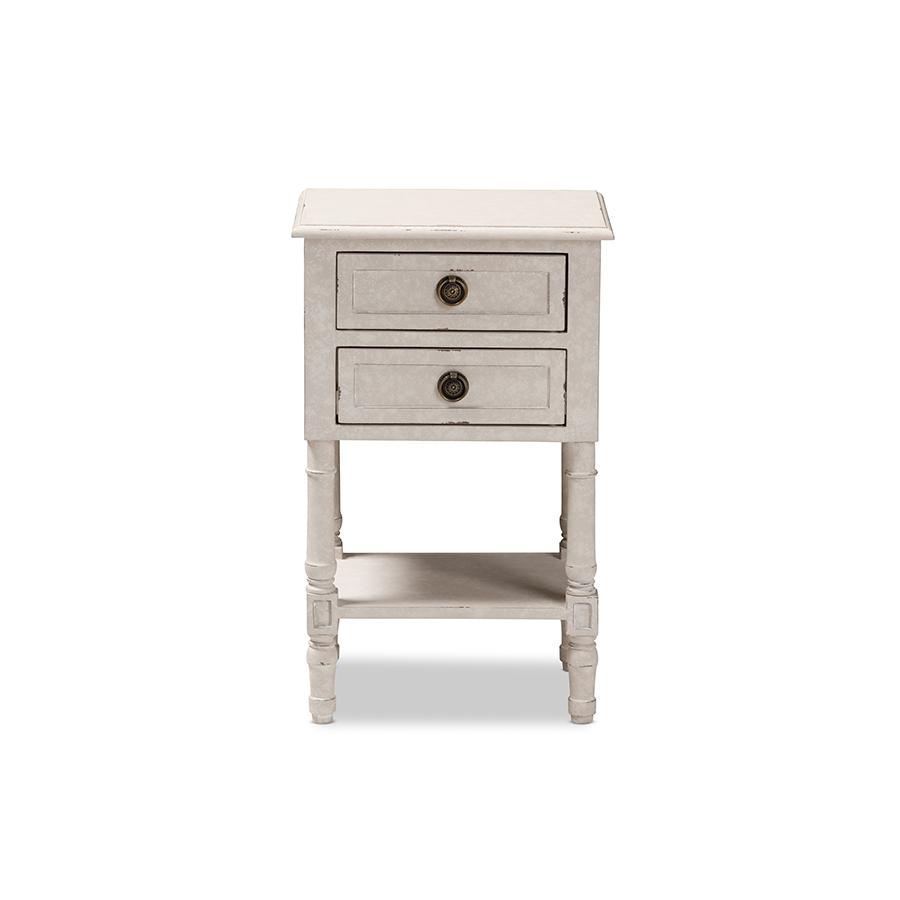Lenore Country Cottage Farmhouse Whitewashed 2-Drawer Nightstand. Picture 1
