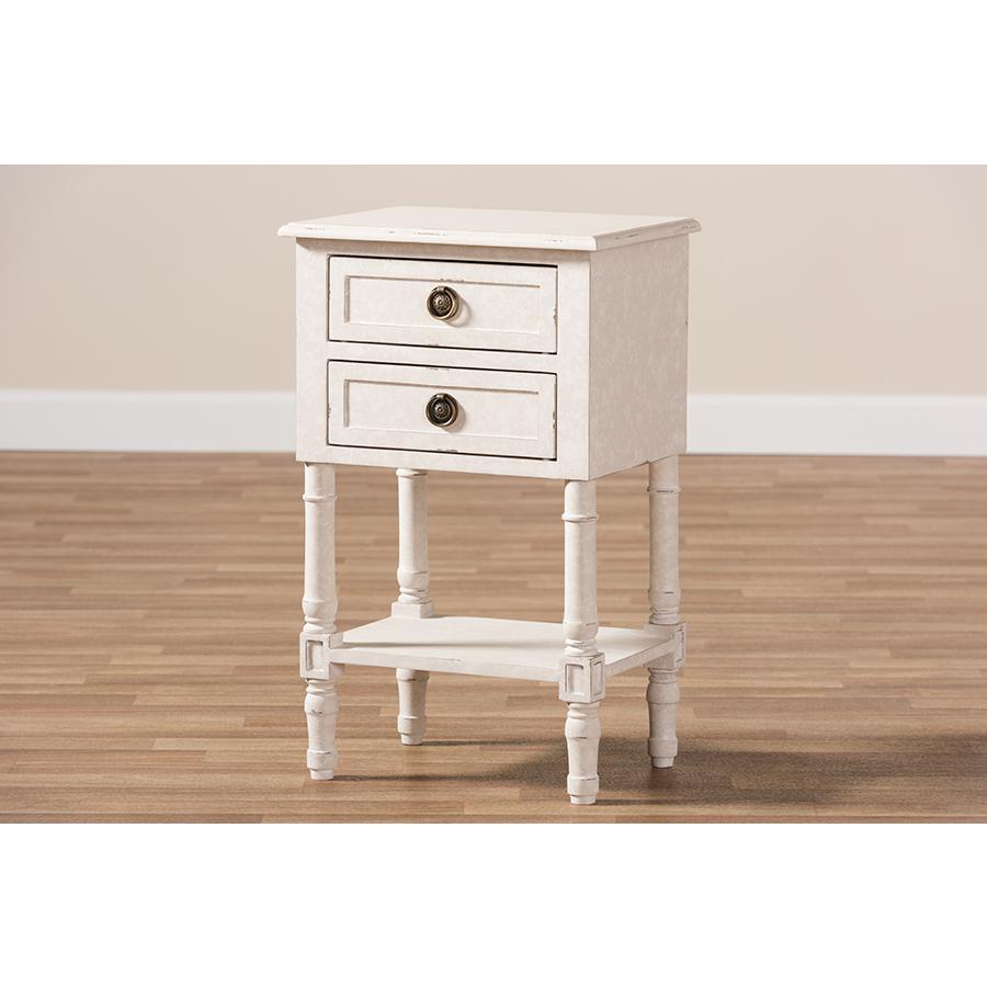Lenore Country Cottage Farmhouse Whitewashed 2-Drawer Nightstand. Picture 9