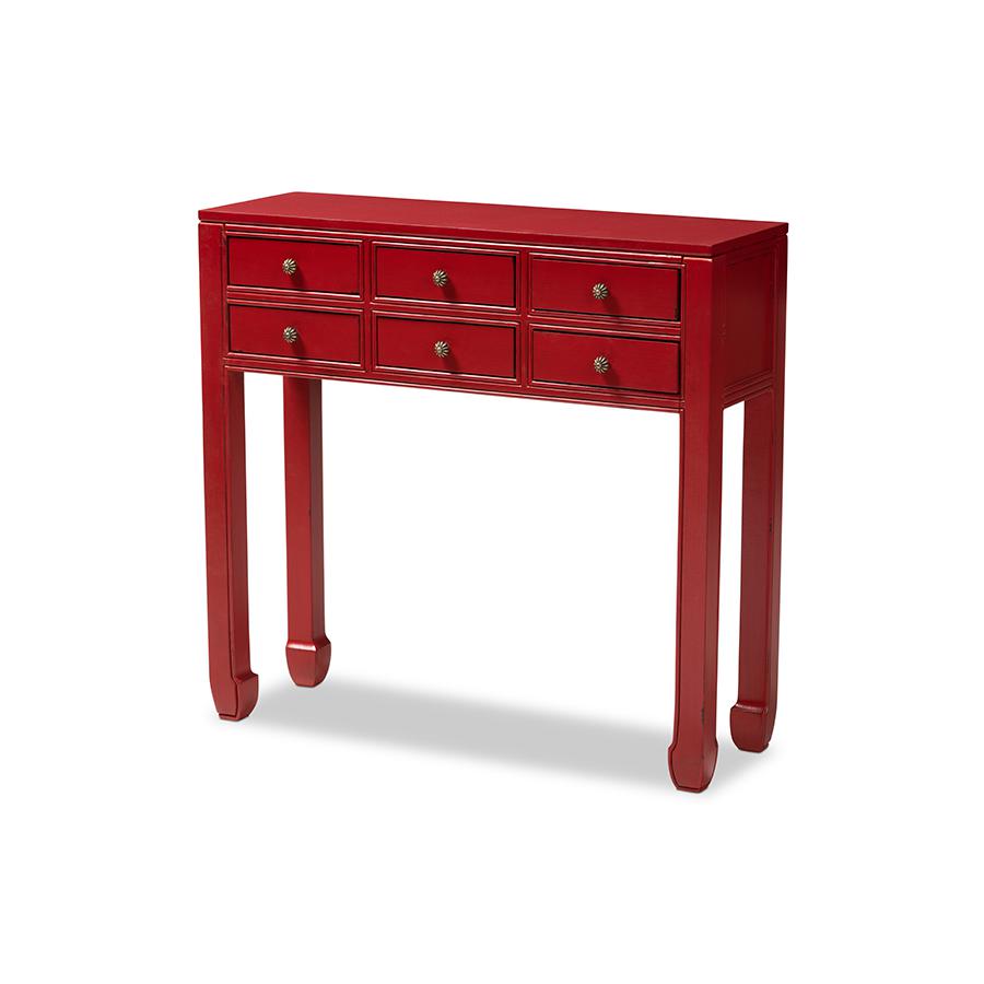Pomme Classic and Antique Red Finished Wood Bronze Finished Accents 6-Drawer Console Table. Picture 3