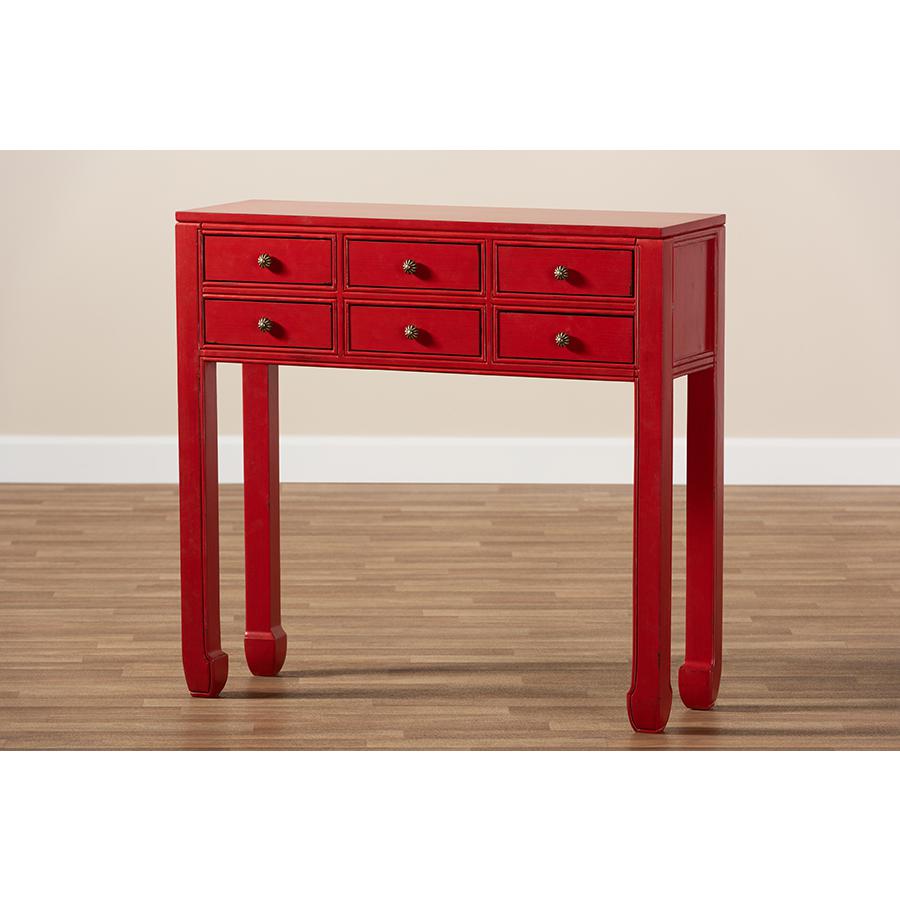 Pomme Classic and Antique Red Finished Wood Bronze Finished Accents 6-Drawer Console Table. Picture 11