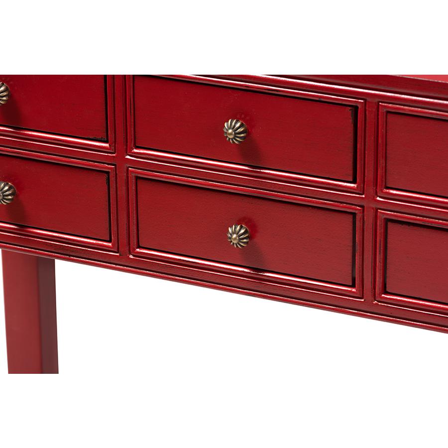 Pomme Classic and Antique Red Finished Wood Bronze Finished Accents 6-Drawer Console Table. Picture 7