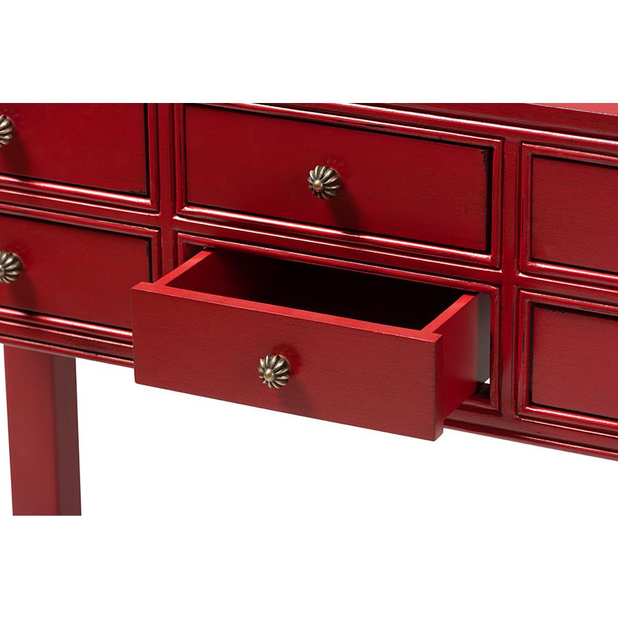 Pomme Classic and Antique Red Finished Wood Bronze Finished Accents 6-Drawer Console Table. Picture 8