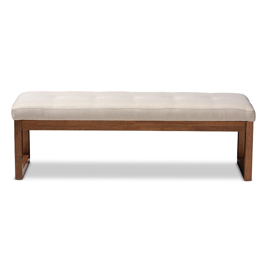 Light Beige Fabric Upholstered Walnut Brown Finished Wood Bench. Picture 2