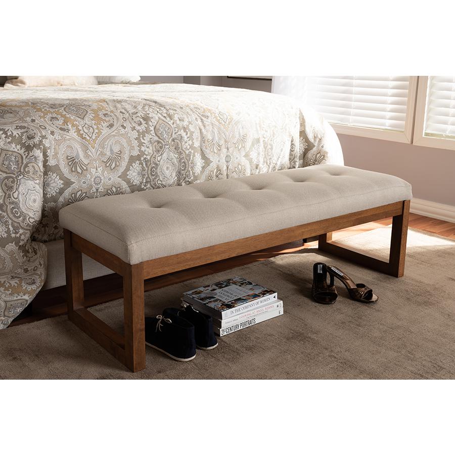 Caramay Modern and Contemporary Light Beige Fabric Upholstered Walnut Brown Finished Wood Bench. Picture 2