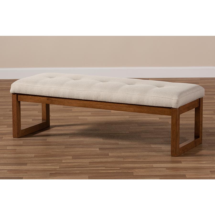 Light Beige Fabric Upholstered Walnut Brown Finished Wood Bench. Picture 7