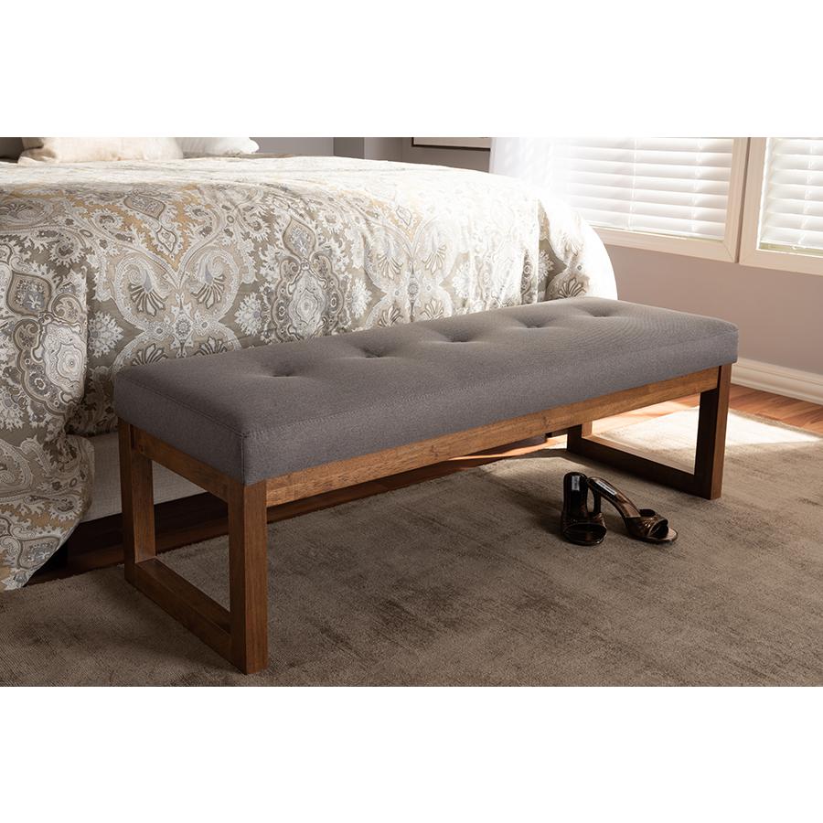 Caramay Modern and Contemporary Grey Fabric Upholstered Walnut Brown Finished Wood Bench. Picture 2