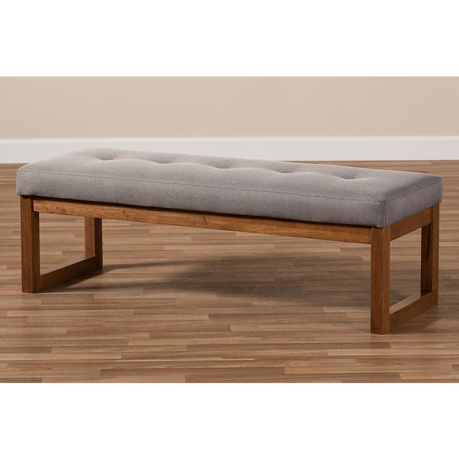 Caramay Modern and Contemporary Grey Fabric Upholstered Walnut Brown Finished Wood Bench. Picture 8