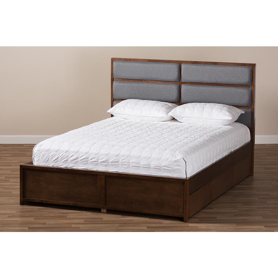 Macey Modern and Contemporary Dark Grey Fabric Upholstered Walnut Finished Queen Size Storage Platform Bed. Picture 10