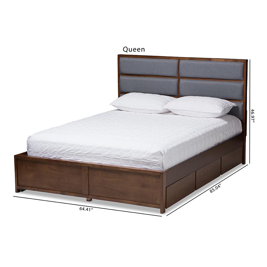 Macey Modern and Contemporary Dark Grey Fabric Upholstered Walnut Finished Queen Size Storage Platform Bed. Picture 11