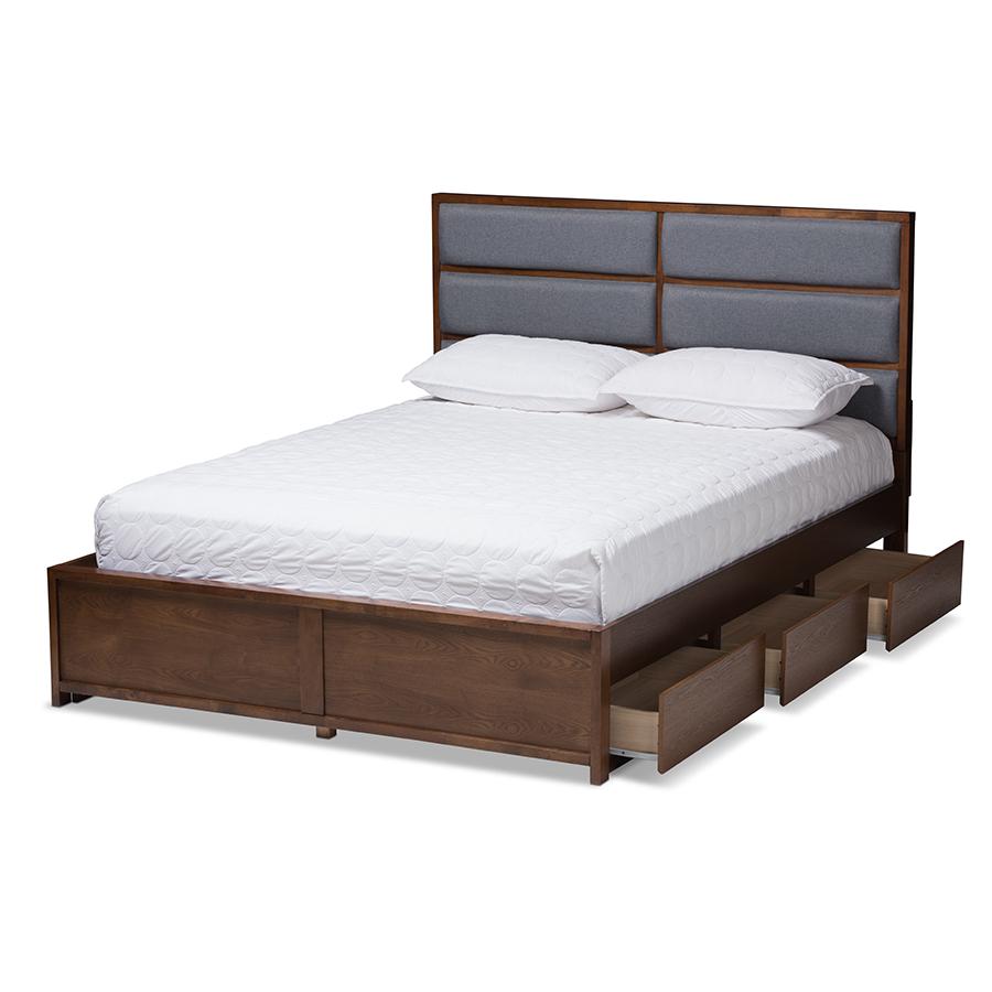 Macey Modern and Contemporary Dark Grey Fabric Upholstered Walnut Finished Queen Size Storage Platform Bed. Picture 1