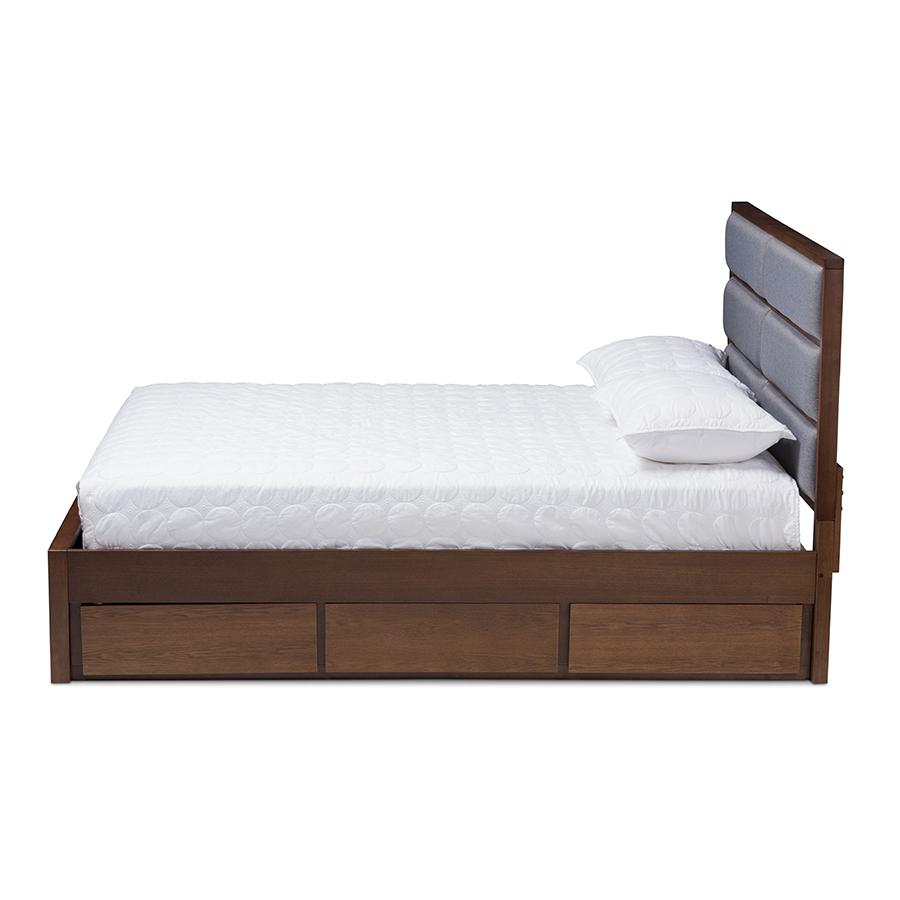Macey Modern and Contemporary Dark Grey Fabric Upholstered Walnut Finished King Size Storage Platform Bed. Picture 3