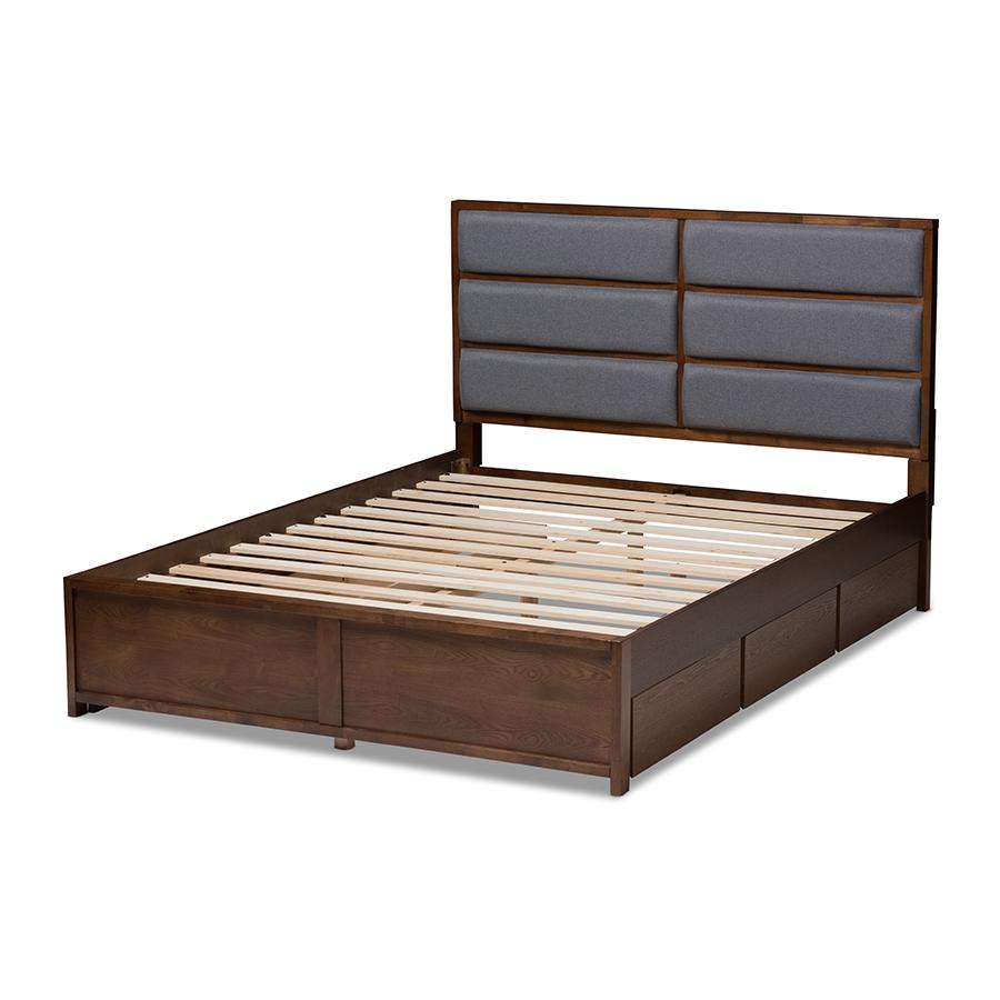 Macey Modern and Contemporary Dark Grey Fabric Upholstered Walnut Finished Queen Size Storage Platform Bed. Picture 4