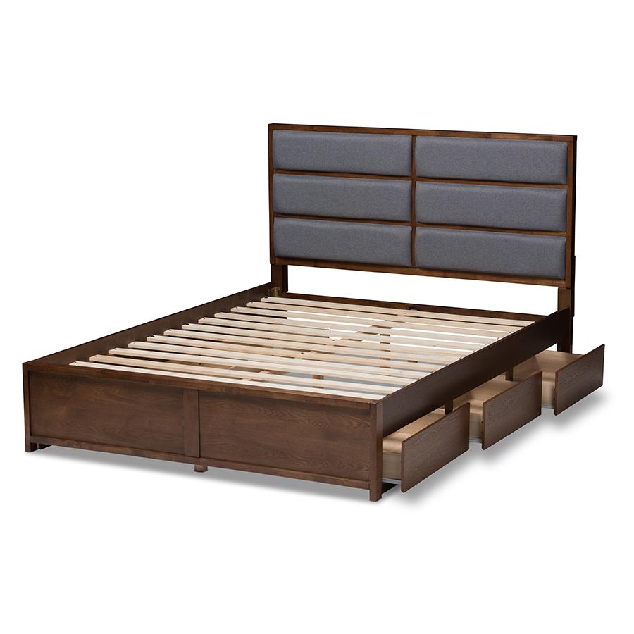 Macey Modern and Contemporary Dark Grey Fabric Upholstered Walnut Finished Queen Size Storage Platform Bed. Picture 5