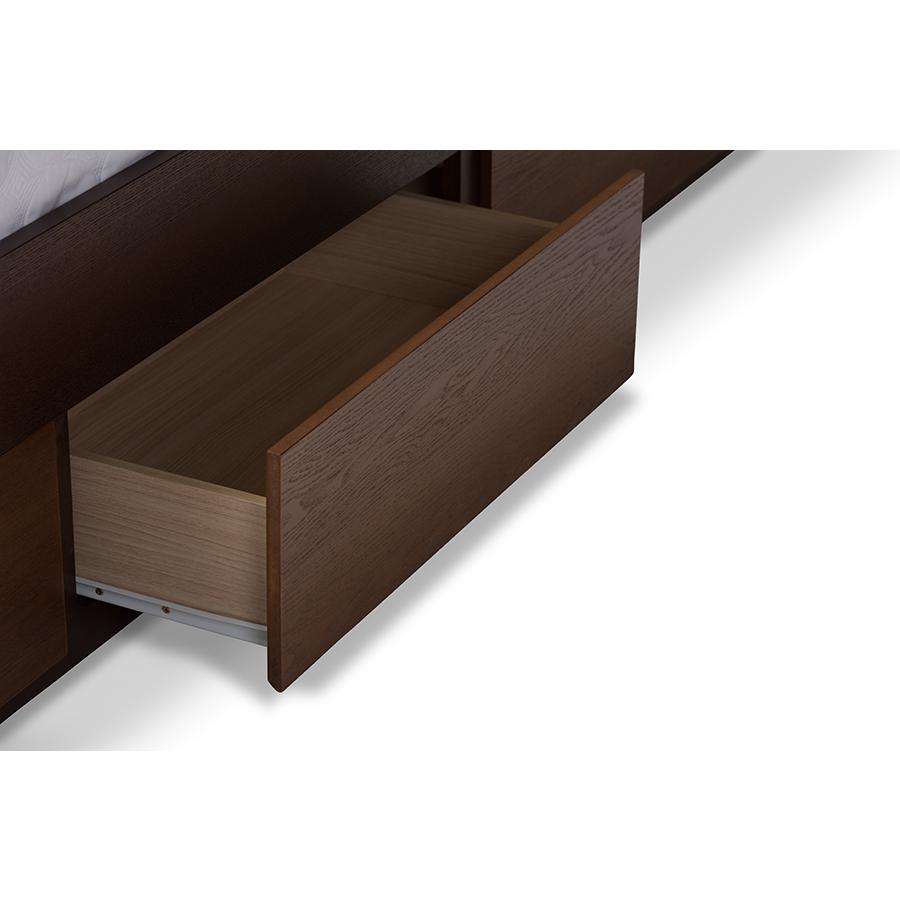 Macey Modern and Contemporary Dark Grey Fabric Upholstered Walnut Finished King Size Storage Platform Bed. Picture 7