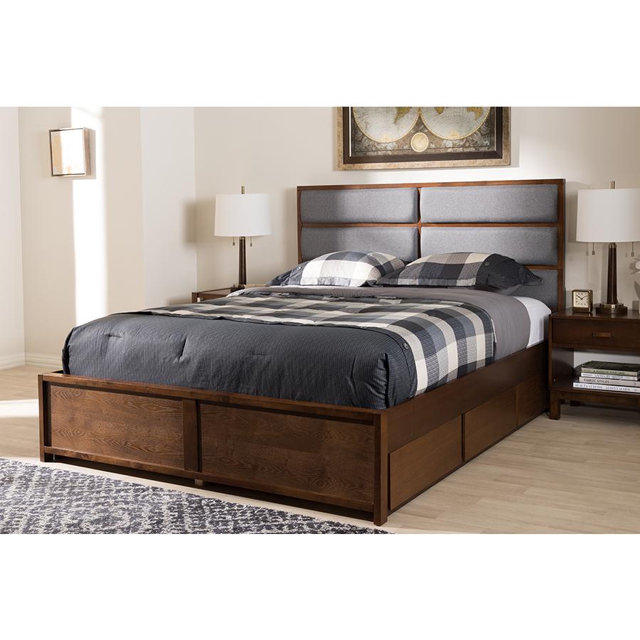Macey Modern and Contemporary Dark Grey Fabric Upholstered Walnut Finished King Size Storage Platform Bed. Picture 8