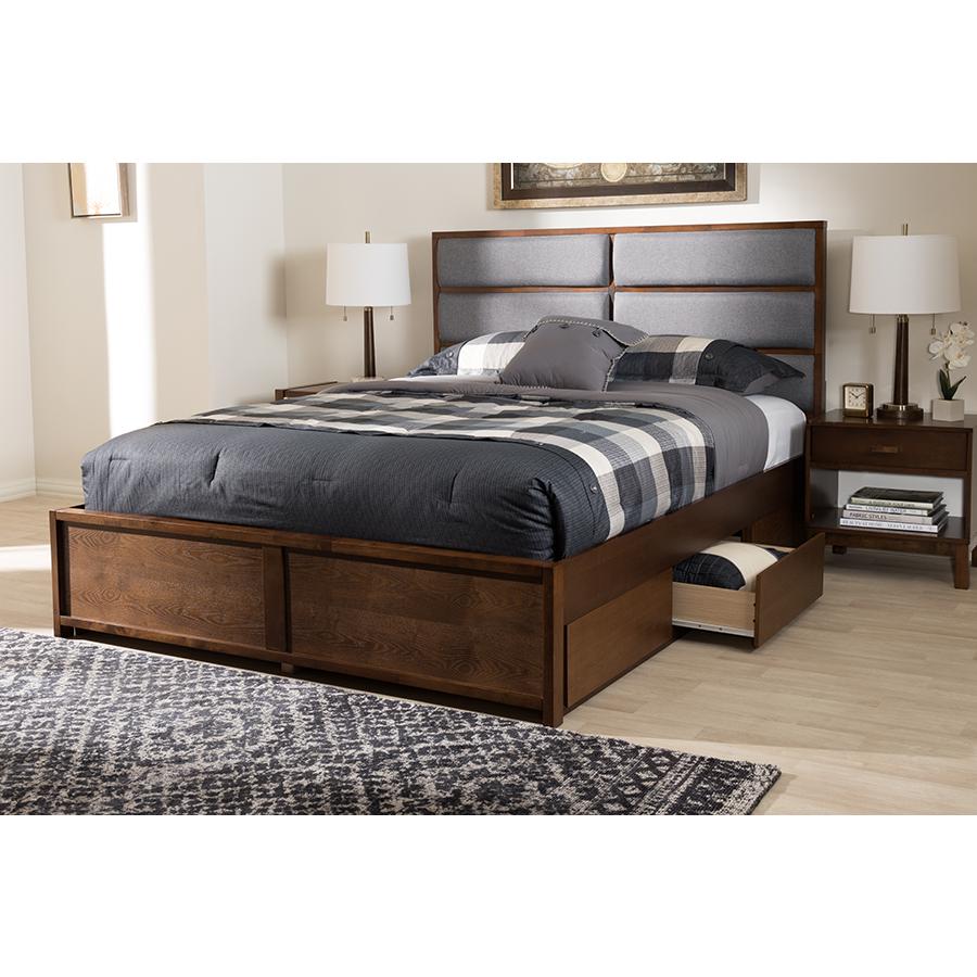 Macey Modern and Contemporary Dark Grey Fabric Upholstered Walnut Finished King Size Storage Platform Bed. Picture 9