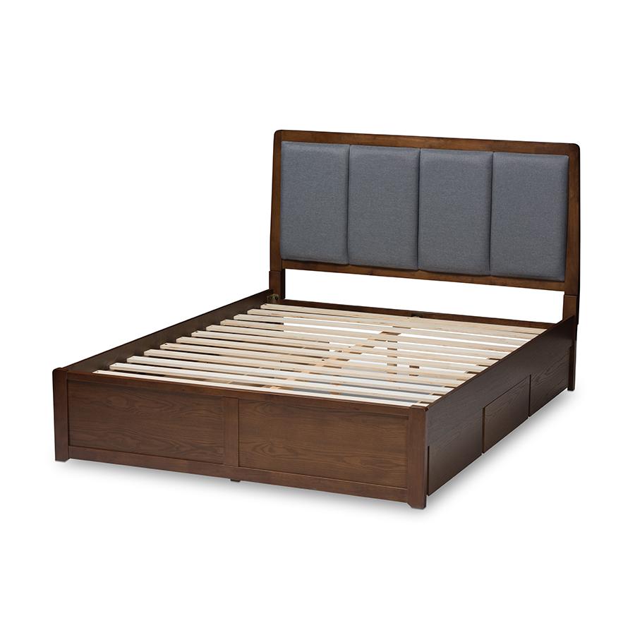 Brannigan Modern and Contemporary Dark Grey Fabric Upholstered Walnut Finished Queen Size Storage Platform Bed. Picture 4