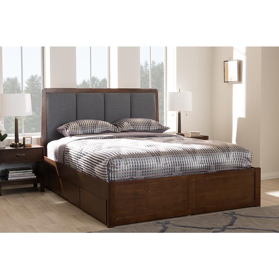 Brannigan Modern and Contemporary Dark Grey Fabric Upholstered Walnut Finished Queen Size Storage Platform Bed. Picture 8
