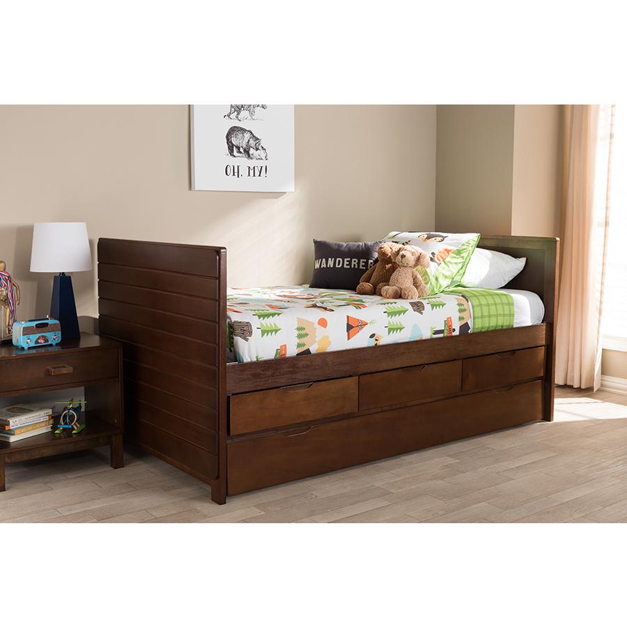 Linna Modern and Contemporary Walnut Brown-Finished Daybed with Trundle. Picture 8