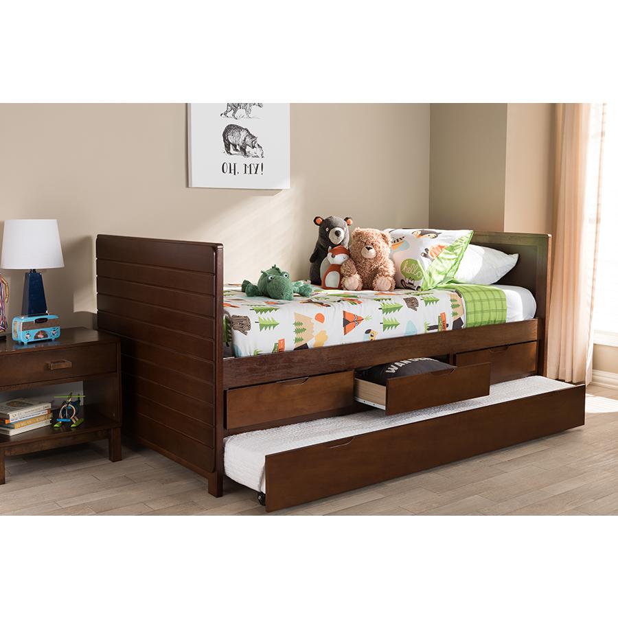 Linna Modern and Contemporary Walnut Brown-Finished Daybed with Trundle. Picture 9