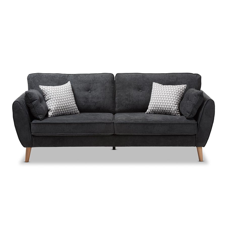 Baxton Studio Miranda Mid-Century Modern Dark Grey Fabric Upholstered Sofa. Picture 3