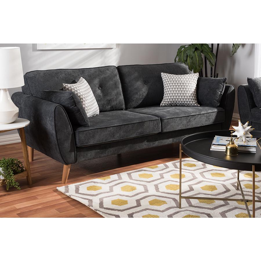 Baxton Studio Miranda Mid-Century Modern Dark Grey Fabric Upholstered Sofa. The main picture.