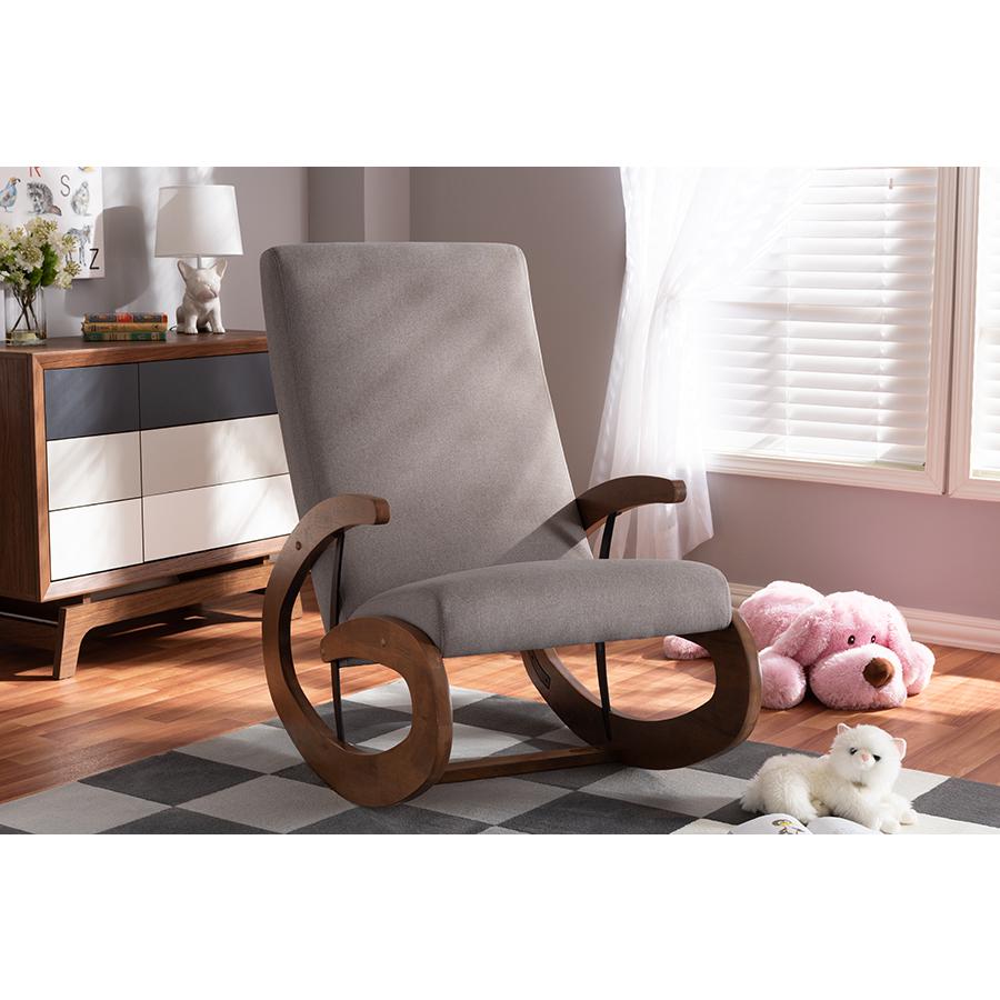 Baxton Studio Kaira Modern and Contemporary Gray Fabric Upholstered and Walnut-Finished Wood Rocking Chair. Picture 1