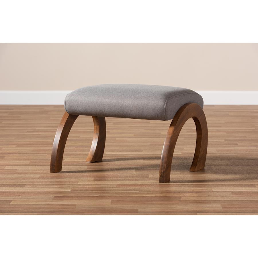 Grey Fabric Upholstered Walnut Brown Finished Wood Ottoman. Picture 6