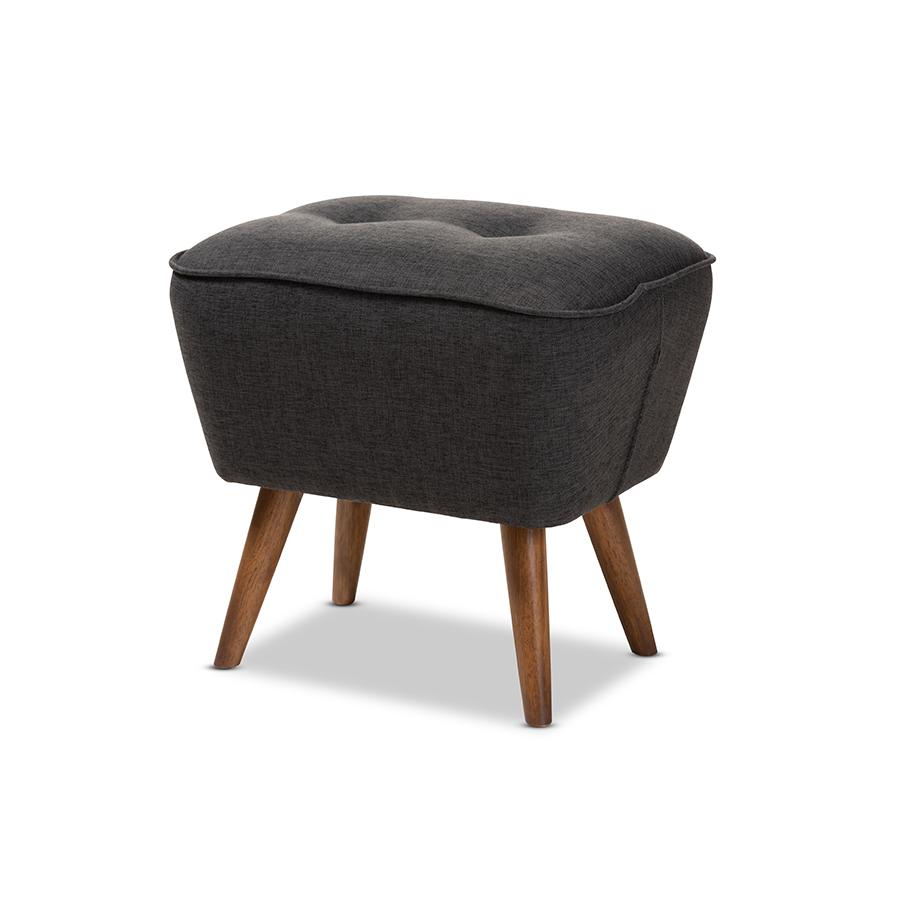 Petronelle Mid-Century Modern Dark Grey Fabric Upholstered Walnut Brown Finished Wood Ottoman. Picture 3