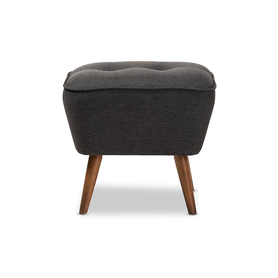 Petronelle Mid-Century Modern Dark Grey Fabric Upholstered Walnut Brown Finished Wood Ottoman. Picture 4