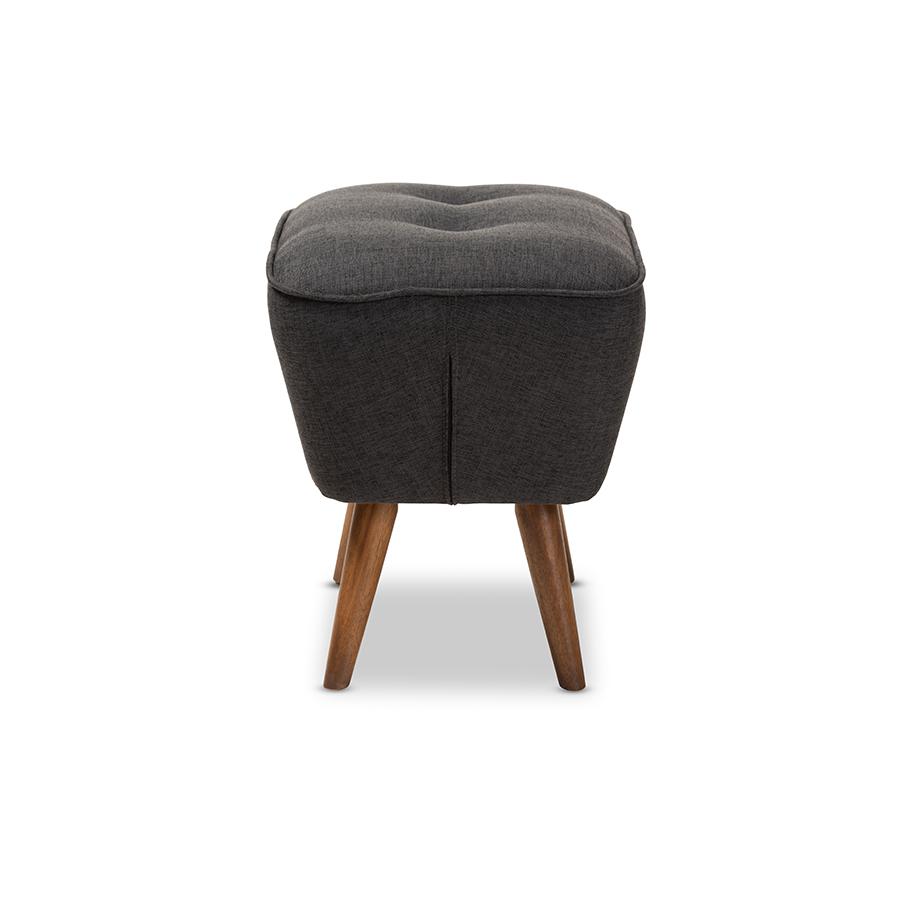 Petronelle Mid-Century Modern Dark Grey Fabric Upholstered Walnut Brown Finished Wood Ottoman. Picture 1