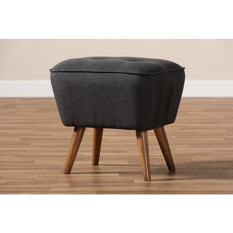 Petronelle Mid-Century Modern Dark Grey Fabric Upholstered Walnut Brown Finished Wood Ottoman. Picture 7