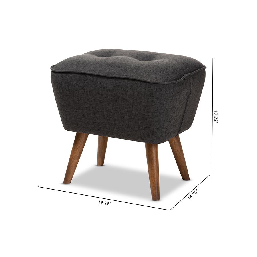 Petronelle Mid-Century Modern Dark Grey Fabric Upholstered Walnut Brown Finished Wood Ottoman. Picture 8