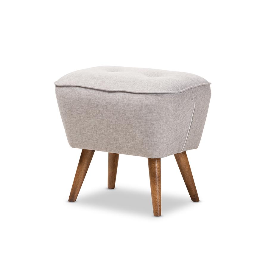 Petronelle Mid-Century Modern Greyish Beige Fabric Upholstered Walnut Brown Finished Wood Ottoman. Picture 3
