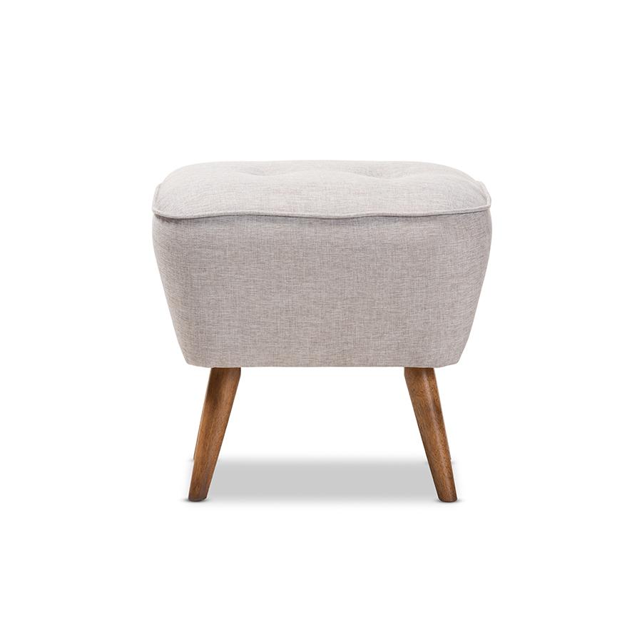 Petronelle Mid-Century Modern Greyish Beige Fabric Upholstered Walnut Brown Finished Wood Ottoman. Picture 4