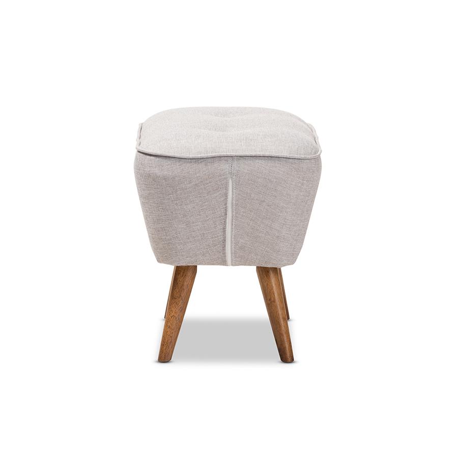 Petronelle Mid-Century Modern Greyish Beige Fabric Upholstered Walnut Brown Finished Wood Ottoman. Picture 1