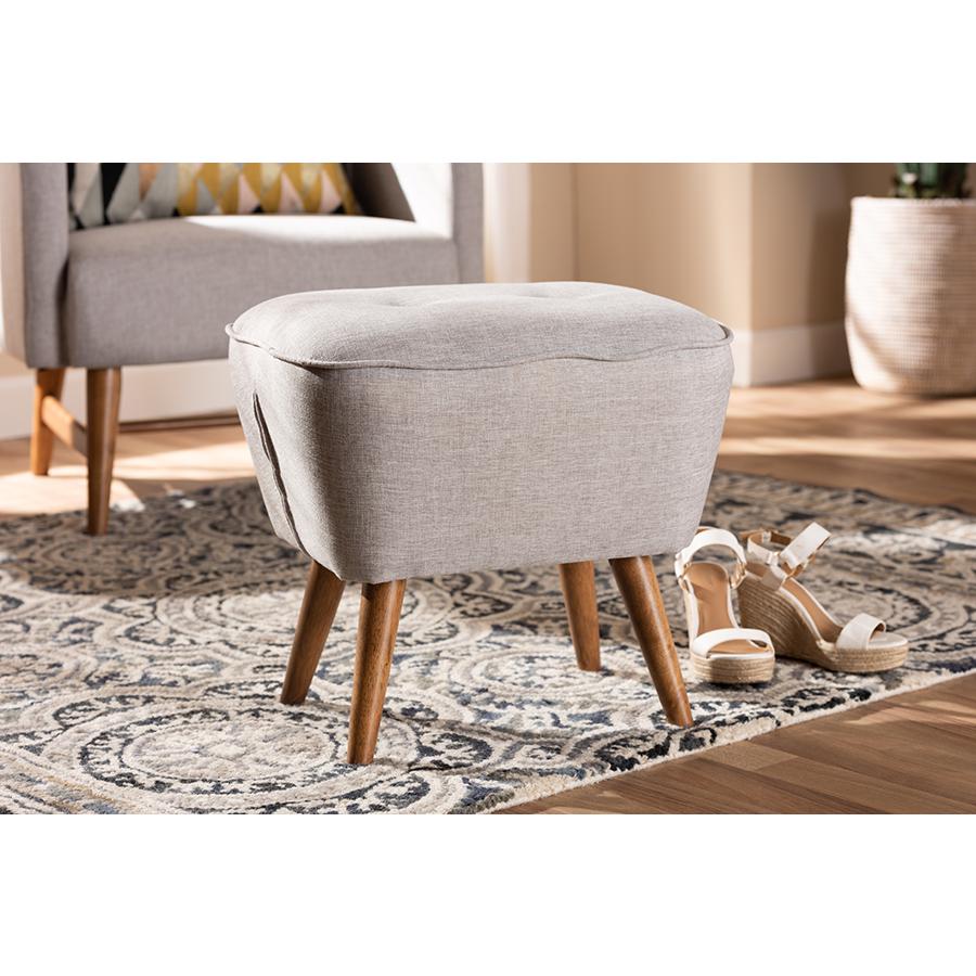 Petronelle Mid-Century Modern Greyish Beige Fabric Upholstered Walnut Brown Finished Wood Ottoman. Picture 2