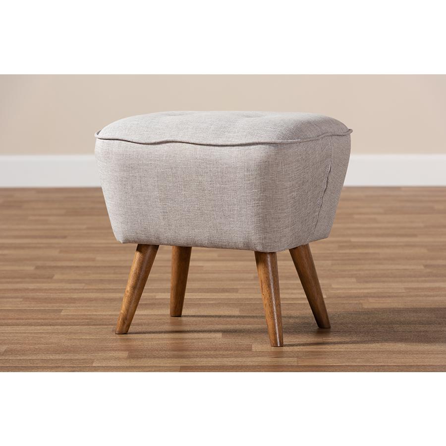 Petronelle Mid-Century Modern Greyish Beige Fabric Upholstered Walnut Brown Finished Wood Ottoman. Picture 7