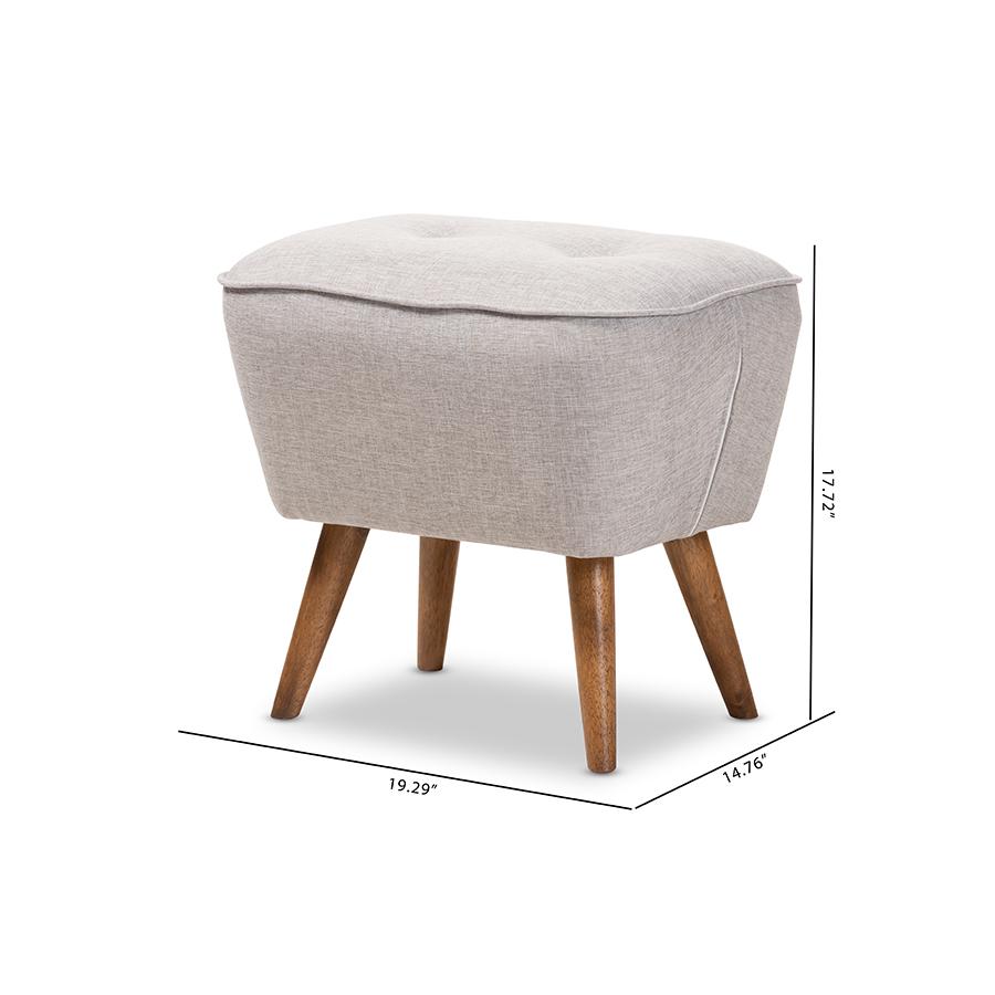 Petronelle Mid-Century Modern Greyish Beige Fabric Upholstered Walnut Brown Finished Wood Ottoman. Picture 8