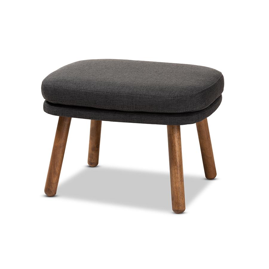 Lovise Mid-Century Modern Dark Grey Fabric Upholstered Walnut Brown Finished Wood Ottoman. Picture 3