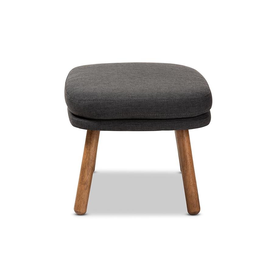 Lovise Mid-Century Modern Dark Grey Fabric Upholstered Walnut Brown Finished Wood Ottoman. Picture 1