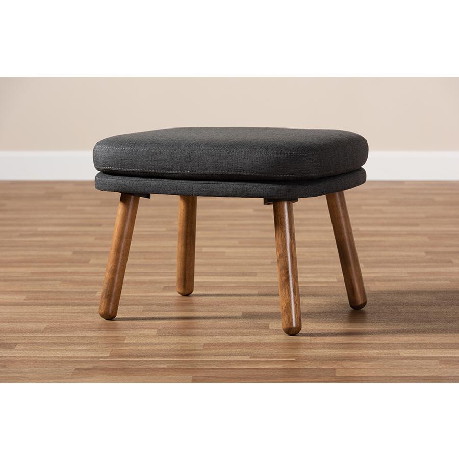 Lovise Mid-Century Modern Dark Grey Fabric Upholstered Walnut Brown Finished Wood Ottoman. Picture 7