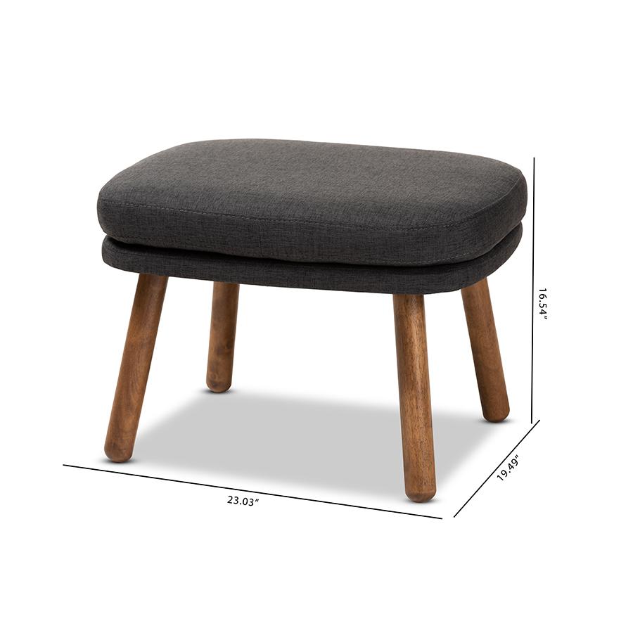 Lovise Mid-Century Modern Dark Grey Fabric Upholstered Walnut Brown Finished Wood Ottoman. Picture 8