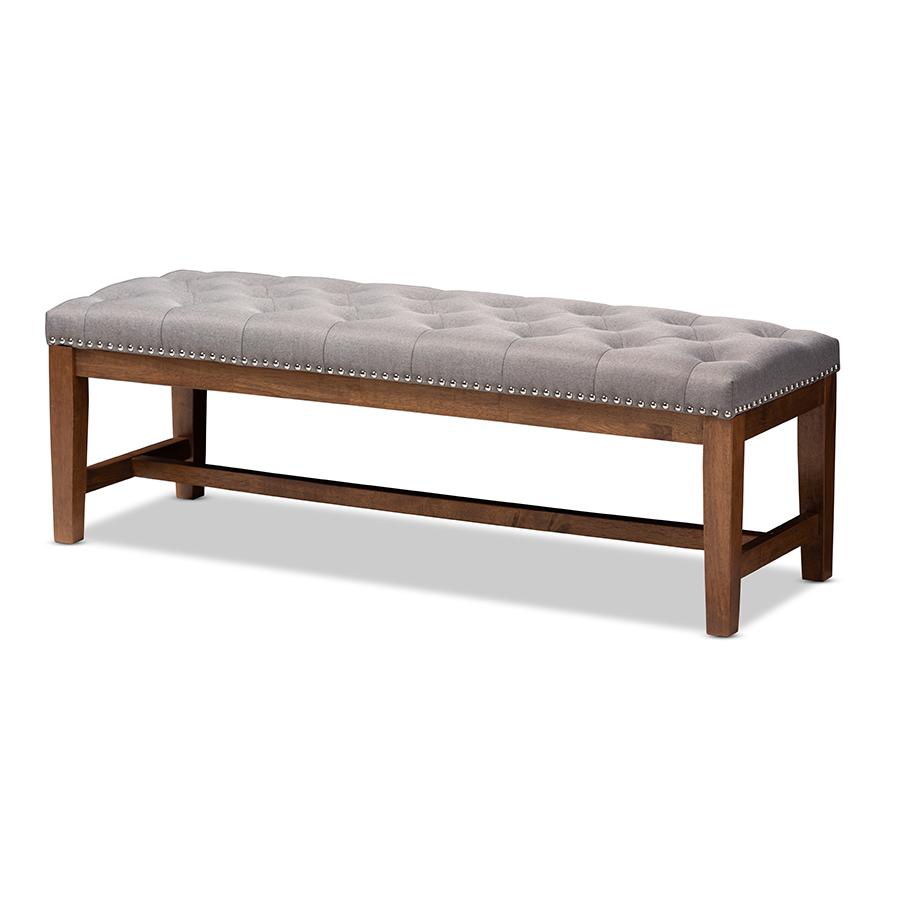 Grey Fabric Upholstered Walnut Finished Solid Rubberwood Bench. Picture 1