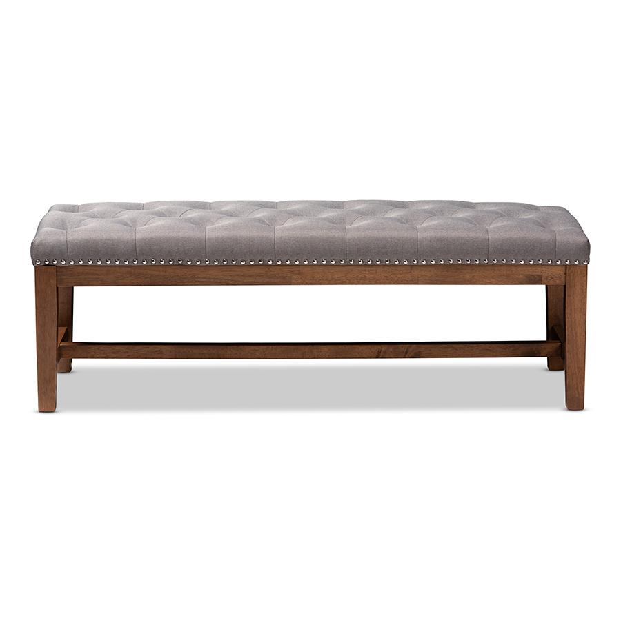 Grey Fabric Upholstered Walnut Finished Solid Rubberwood Bench. Picture 2