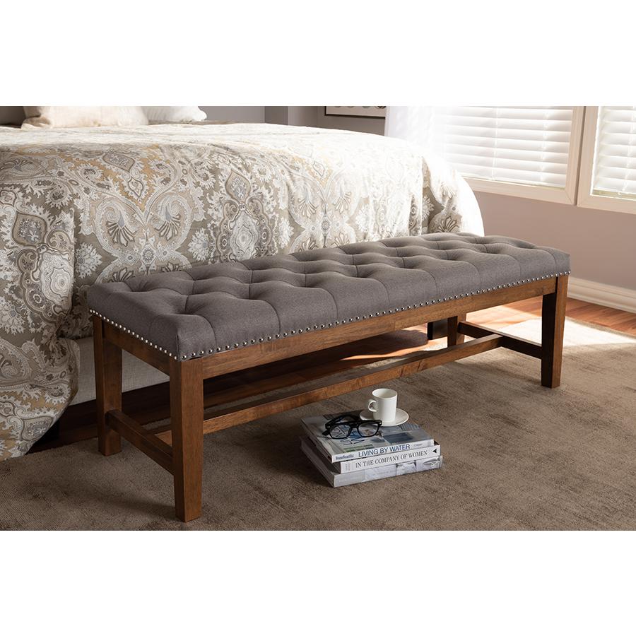 Ainsley Modern and Contemporary Grey Fabric Upholstered Walnut Finished Solid Rubberwood Bench. Picture 2